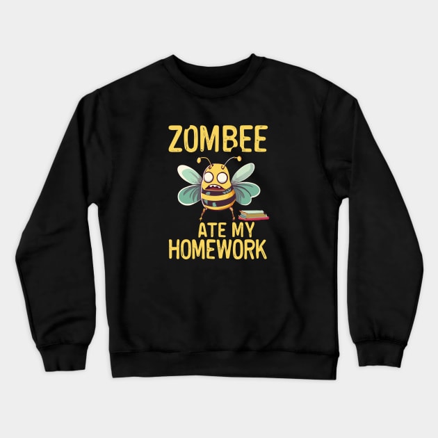 Zombee Ate My Homework Crewneck Sweatshirt by MonkaGraphics